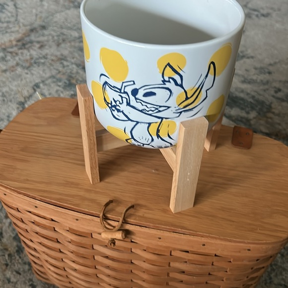 Disney Stitch Yellow Polka Dot Ceramic Planter with wooden holder 6”pot - Picture 2 of 8